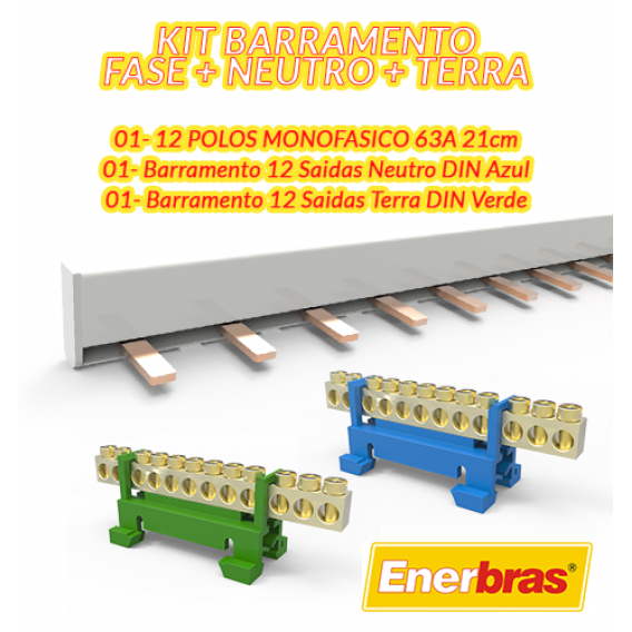 KIT Barramento Monofásico + Neutro 12 saídas + Terra 12 saídas - ENERBRAS